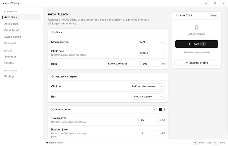 Auto Clicker on Windows showing the Auto Click mode: mouse button and click type selectors, a 100 ms interval, humanization switched on, and a Start button bound to the F6 hotkey.
